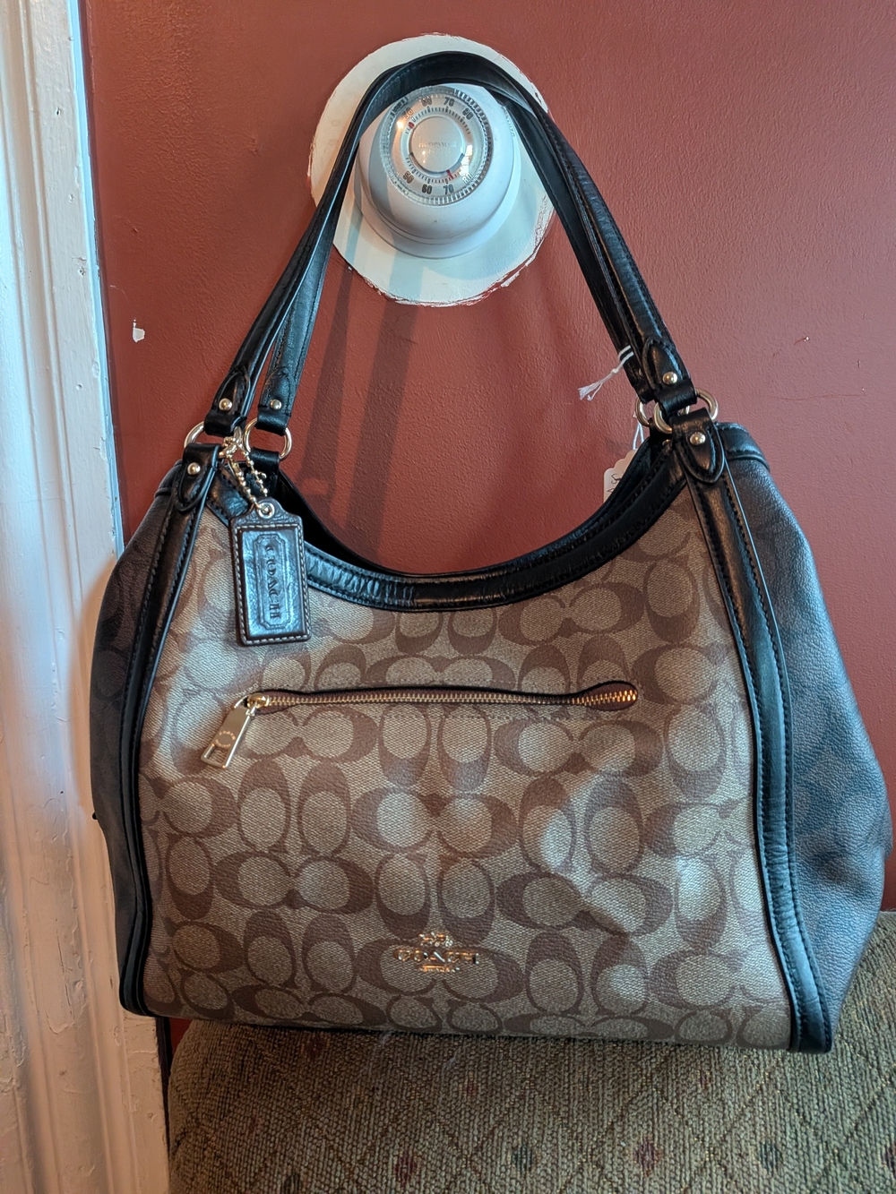 Coach Brown Signature Canvas Shoulder Bag with Black Trim